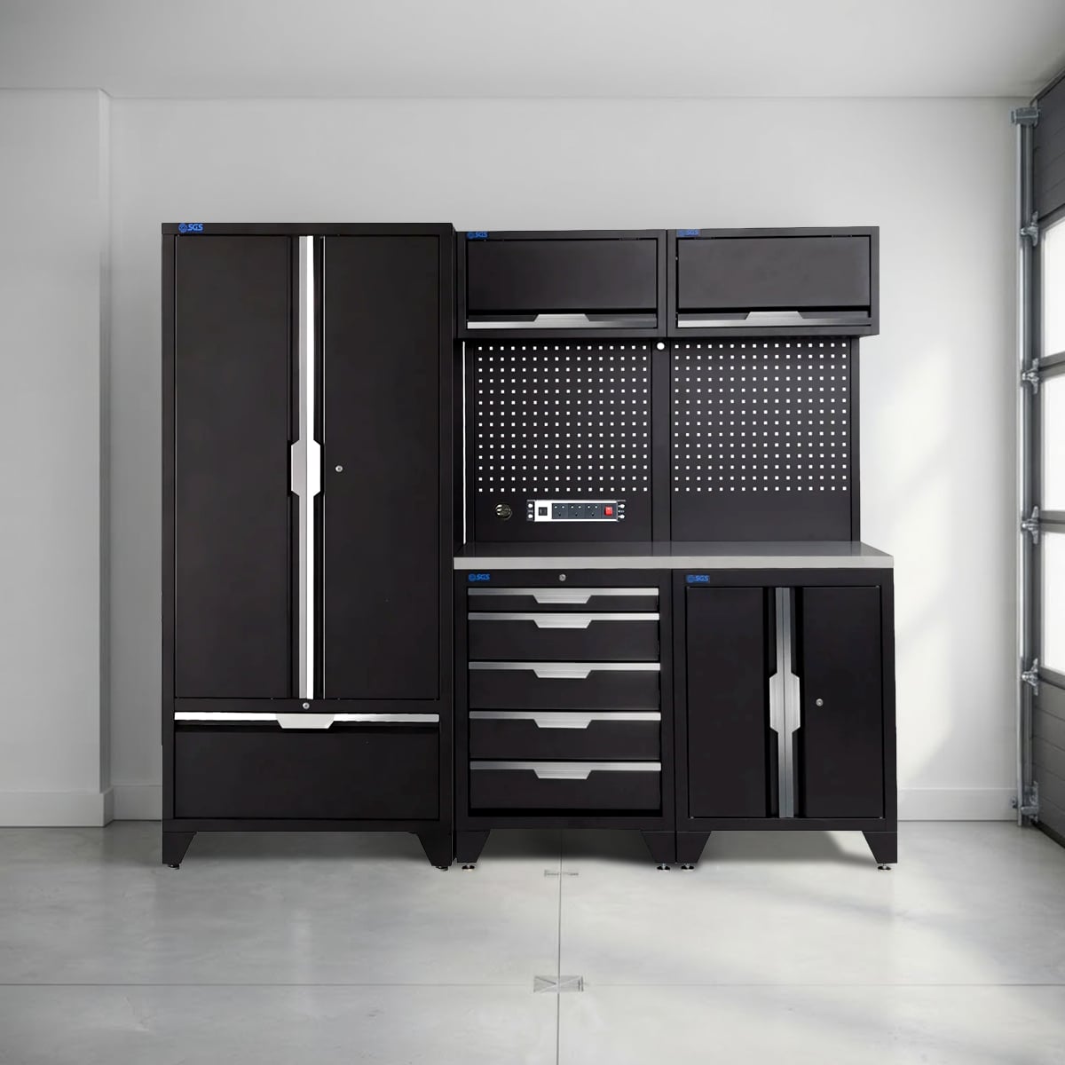SGS 7pc Modular Garage Storage | 5 Drawers | Stainless Steel Worktop | Tall Double Cabinet with Drawer | 2x Upper Cabinets | Pegboard with Power Strip